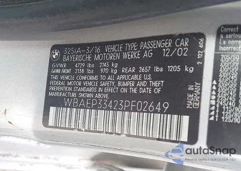 2003 BMW 325Xit z USA, uszkodzony, nr VIN WBAEP33423PF02649